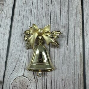 Vintage Gold Bell Brooch with Bow and Leaves